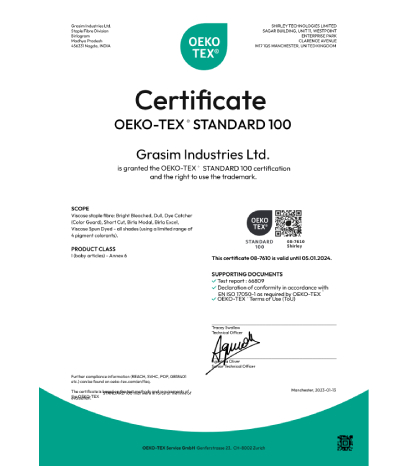 Grasim SFD, Nagda OekoTex 100 Certificate Jan'2024